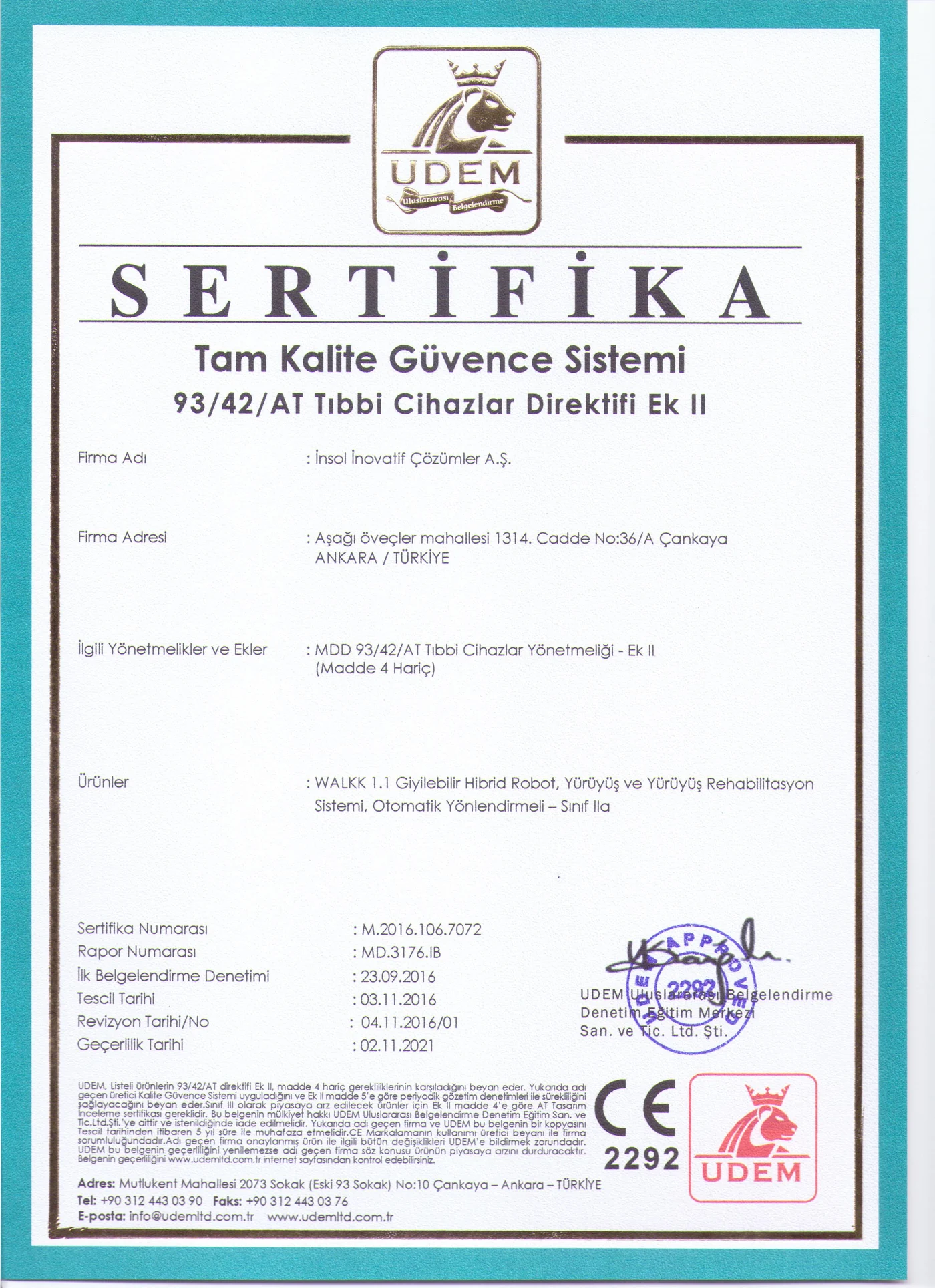 CE 2292 tıbbi cihaz sertifikası