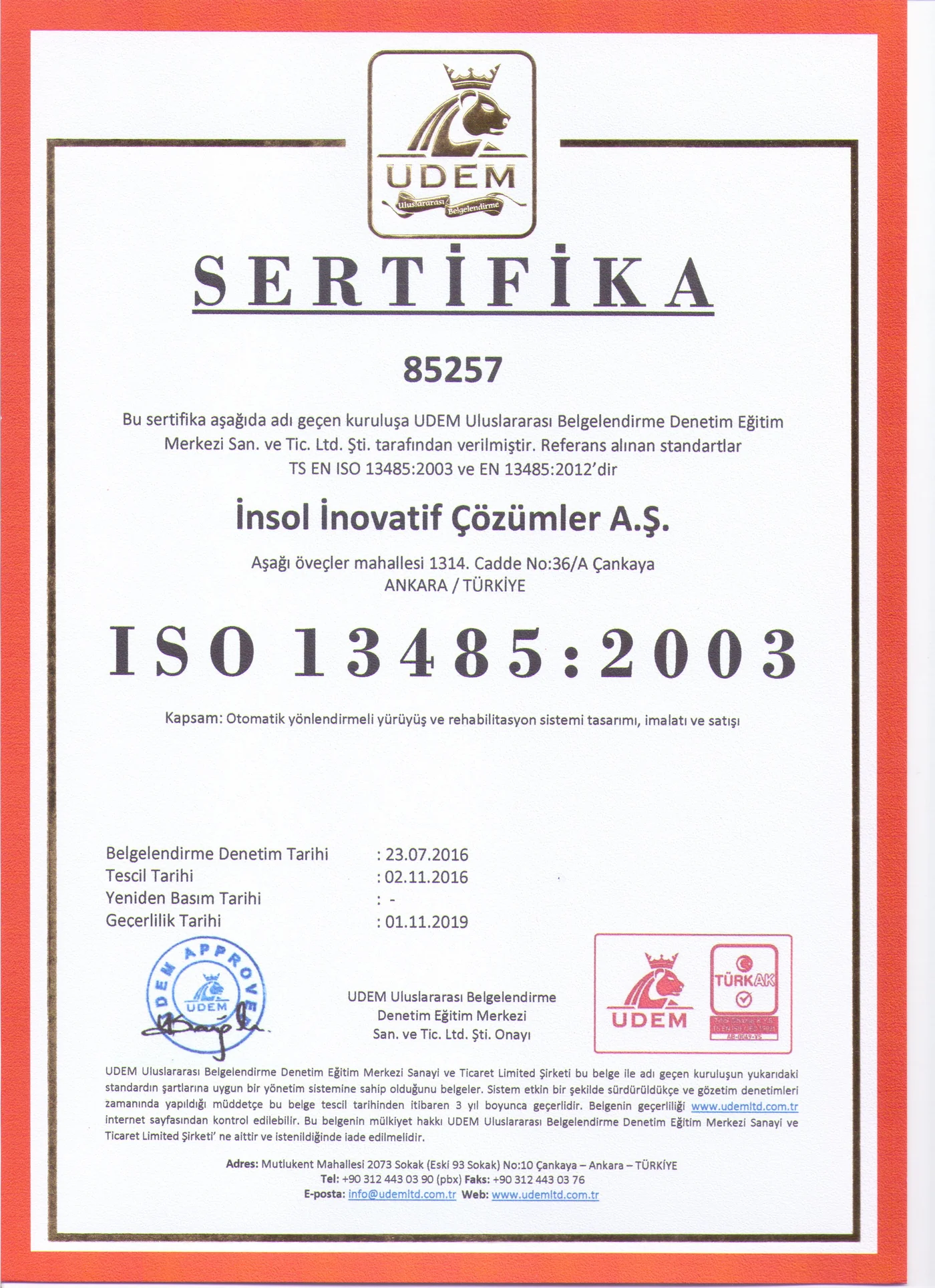ISO 13485:2003 kalite yönetim sertifikası